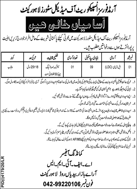 Armed Forces Inspectorate of Medical Stores Lahore Cantt Job 2021