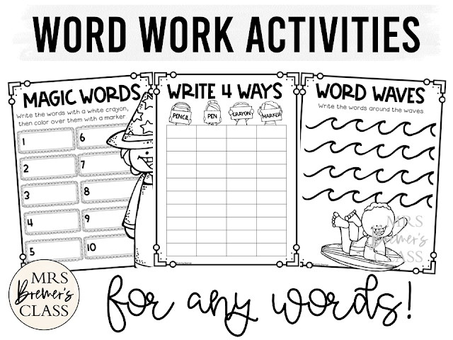 Word work activities for ANY words! Word work is an essential part of language learning in the primary grades. Make word work FUN while LEARNING takes place! There are seventeen different word work activities included in this pack. They can be used for absolutely ANY word learning! Perfect for literacy centers or sub plans. A must have for Kindergarten- Third Grade! #wordwork #wordworkactivities #spelling #1stgrade #2ndgrade #kindergarten