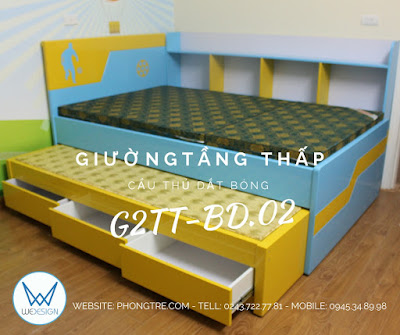 Giường tầng thấp liền kệ sách chủ đề bóng đá G2TT-BD.02 phối màu xanh da trời và vàng