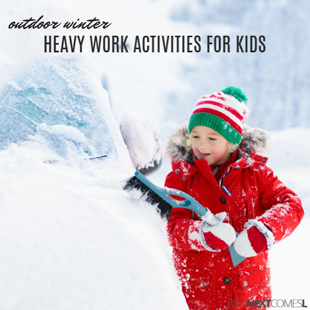 A list of winter heavy work activities for kids to do outdoors in the snow