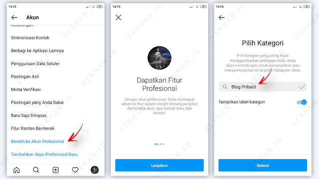 beralih ke akun instagram profesional