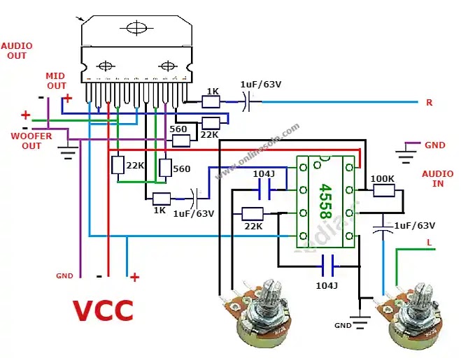 TDA7265 Amplifier with bass flirter Circuit diagram.