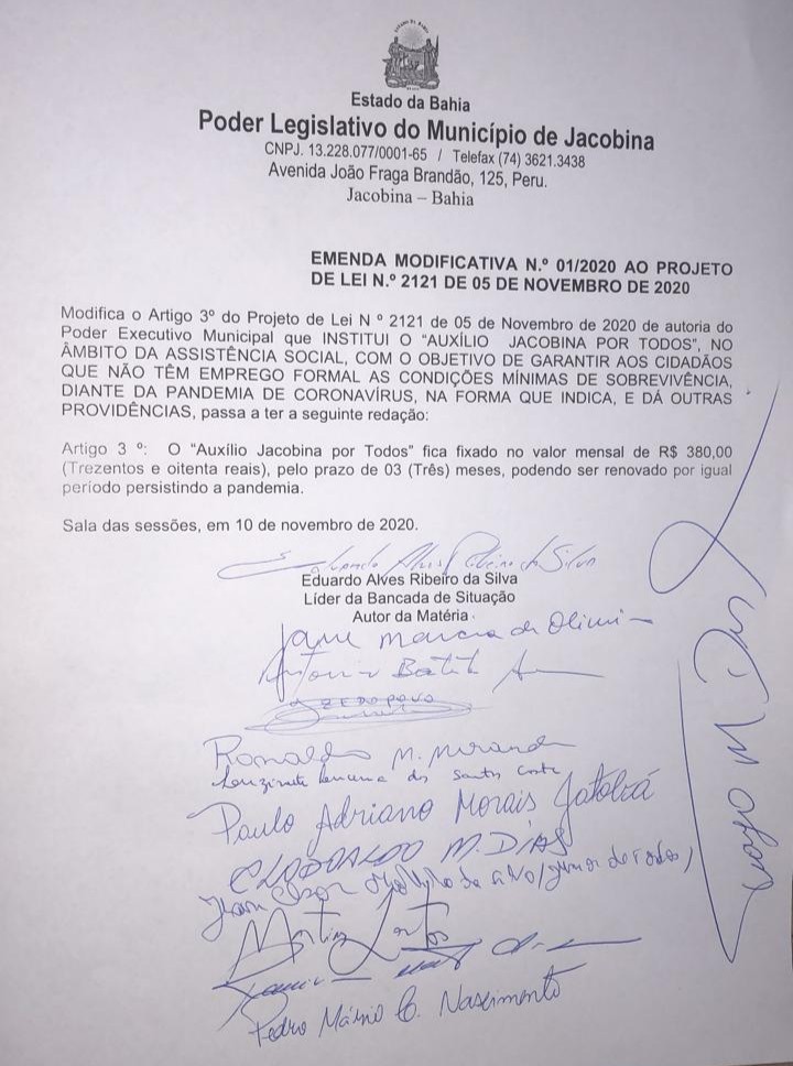 Câmara de Jacobina aprova Auxílio Emergencial de R$ 380,00