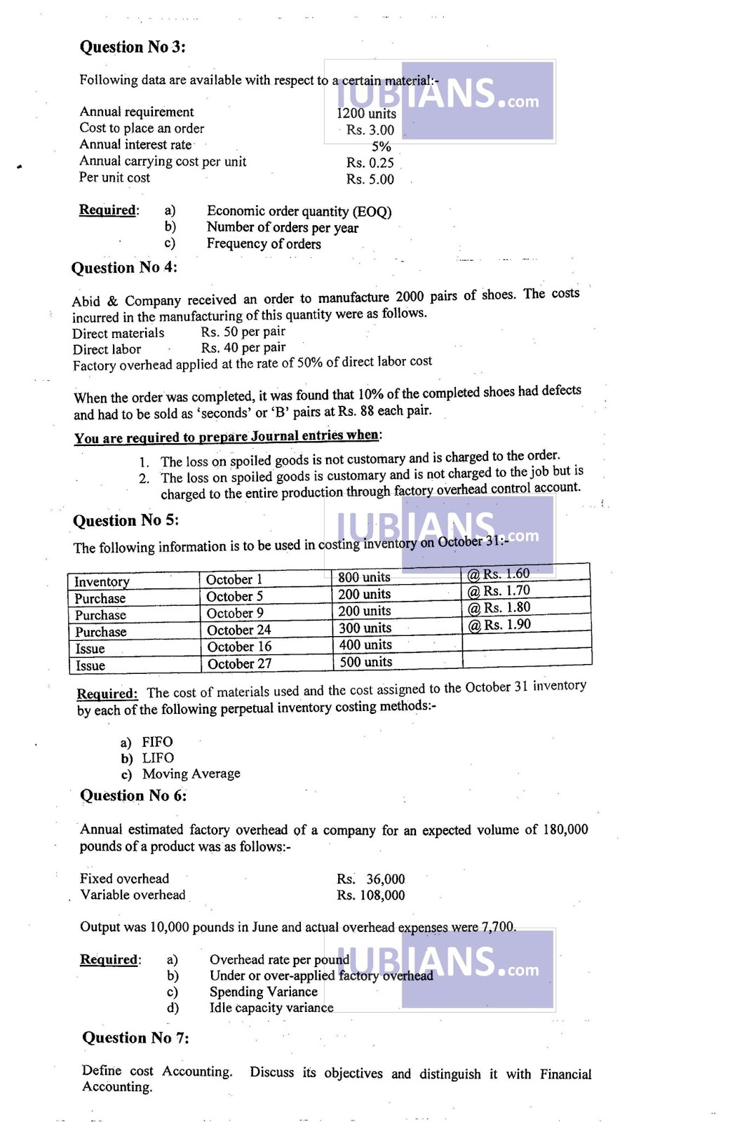 Cost Accounting BBA(Hons) 2nd Year Punjab University (PU) Past Paper