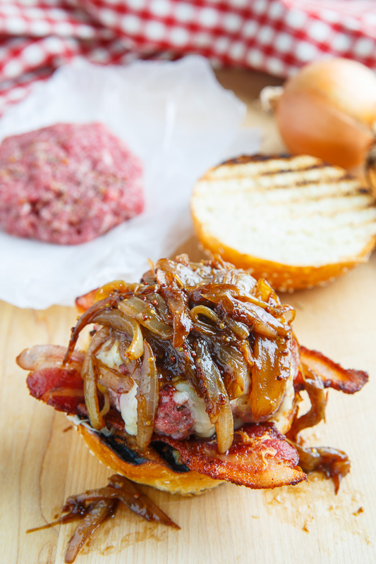 Bacon and Cheese Corned Beef Burgers with Guinness Caramelized Onions