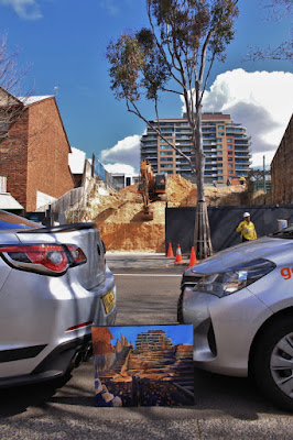 Plein air oil painting of the excavation between Harris and Mount street Pyrmont for the 'New Life' development  painted by industrial heritage artist Jane Bennett