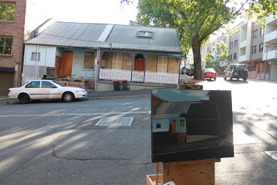 Plein air painting of semi-detached workers cottages in Pyrmont Street, Pyrmont painted by industrial heritage artist Jane Bennett