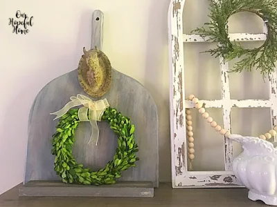 farmhouse decor chippy white cathedral arch wooden bead garland boxwood wreath
