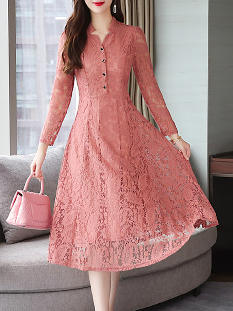V Neck Single Breasted Lace Plain Maxi Dress Pink