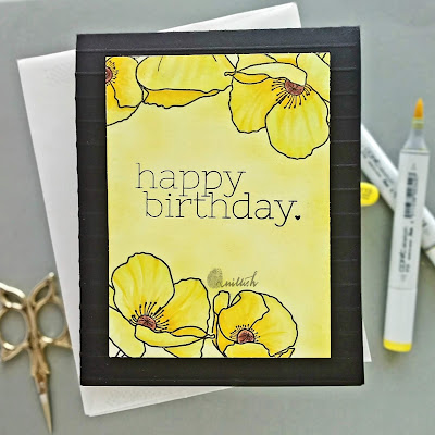 Create a smile - Poppy stamp, Monochromatic card, monochromatic yellow coloring, Copic markers, floral card, Birthday card,  Card for her, Card for BFF, Quillish, cards by Ishani, monochrome yellow card, floral monochromatic card, yellow poppies card