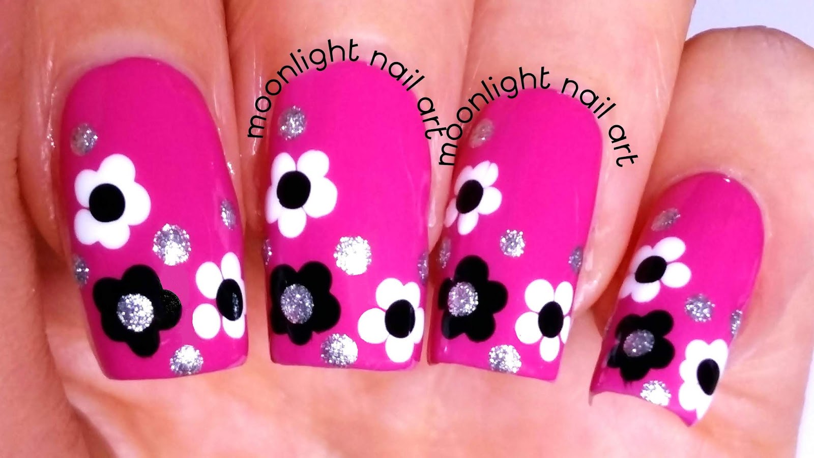 Easy Dotting Tool Nail Design Flowers in White, Black and Silver on Pink