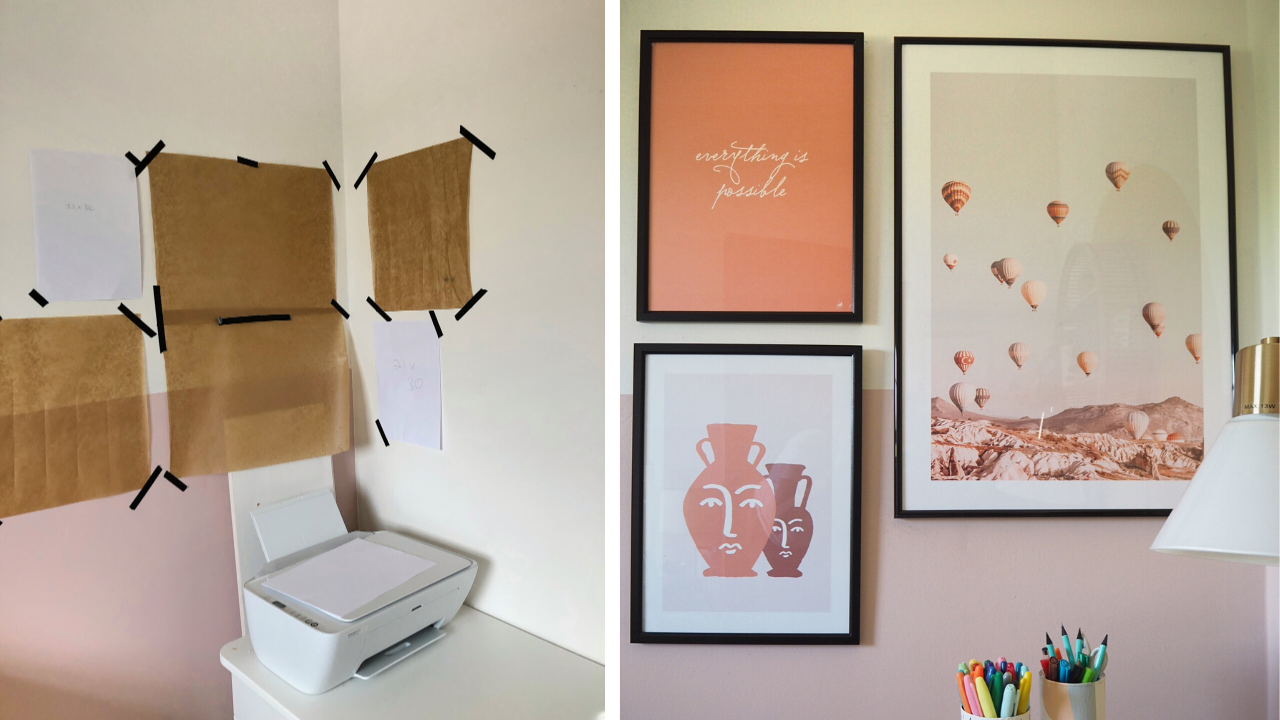 Boho style home office makeover, how to transform a messy spare bedroom into an inspirational home office study room workspace. Including how to declutter, and how to hand paint a colour blocking arch onto your wall. Pink and mustard yellow boho style home office.