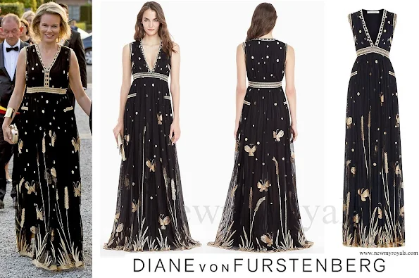 Queen Mathilde wore DVF Diane von Furstenberg Vivanette Embroidered Tulle Goddess Gown