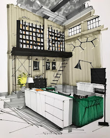 09-Living-Room-and-Suspended-Library-Sergei-Tihomirov-СЕРГЕЙ-ТИХОМИРОВ-Varied-Living-Room-Interior-Design-Sketches-www-designstack-co
