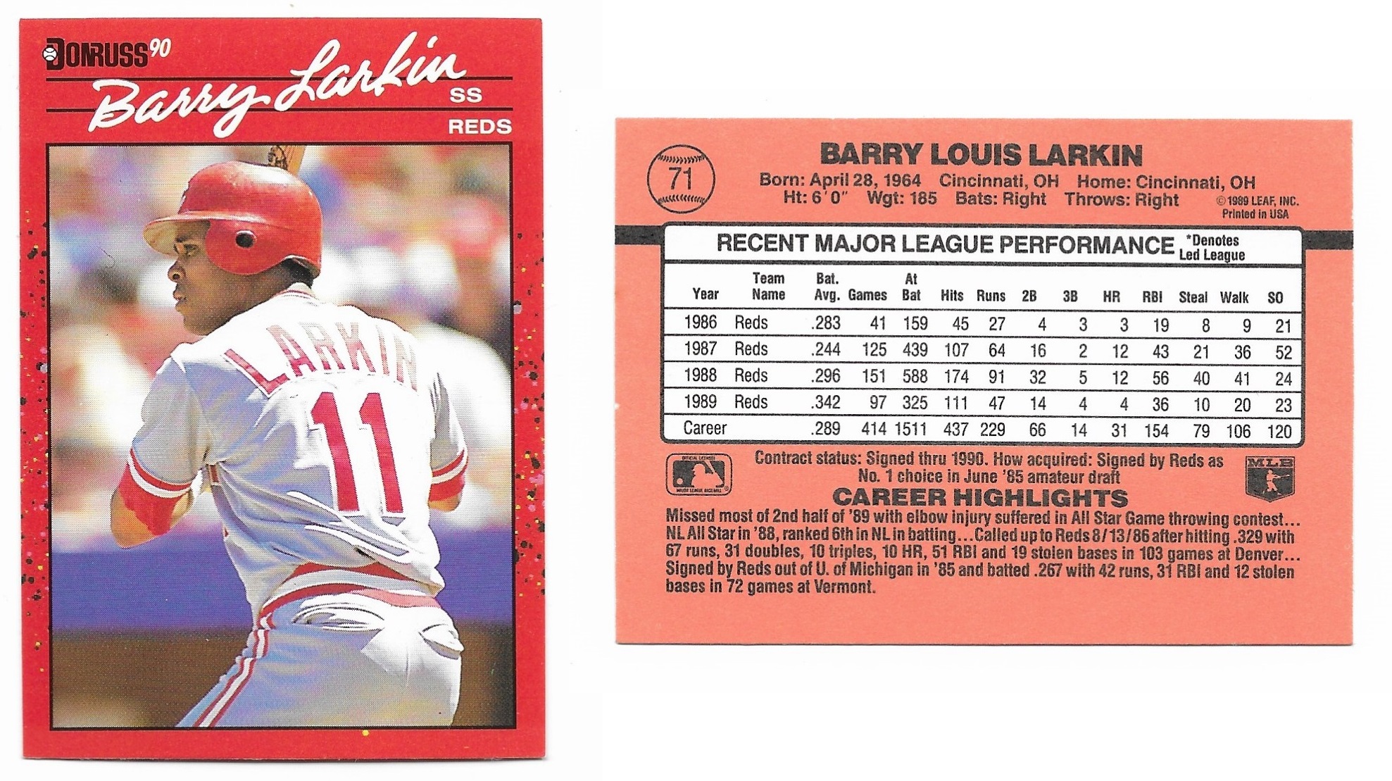 Barry Larkin Collection 815 1990 Donruss 71 Factory Set Version