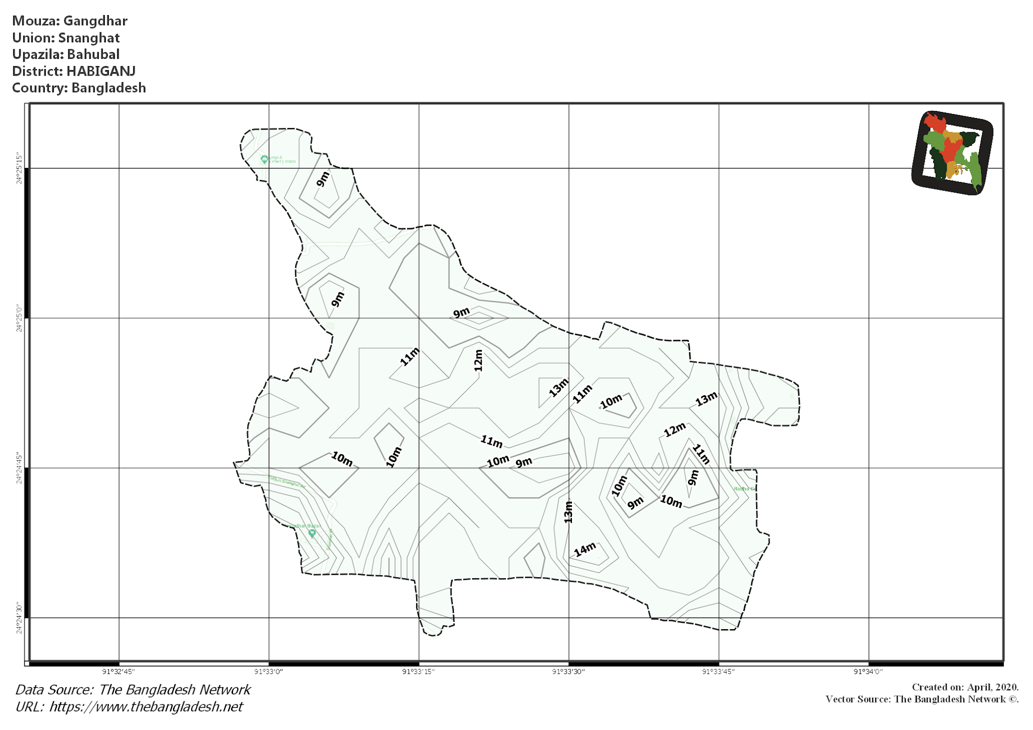 Map of Gangdhar Mouza of Bahubal Upazila, HABIGANJ, Bangladesh.