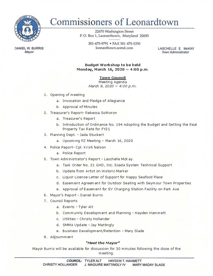 Leonardtown Maryland News Town Council Meeting Monday, March 9, 2020