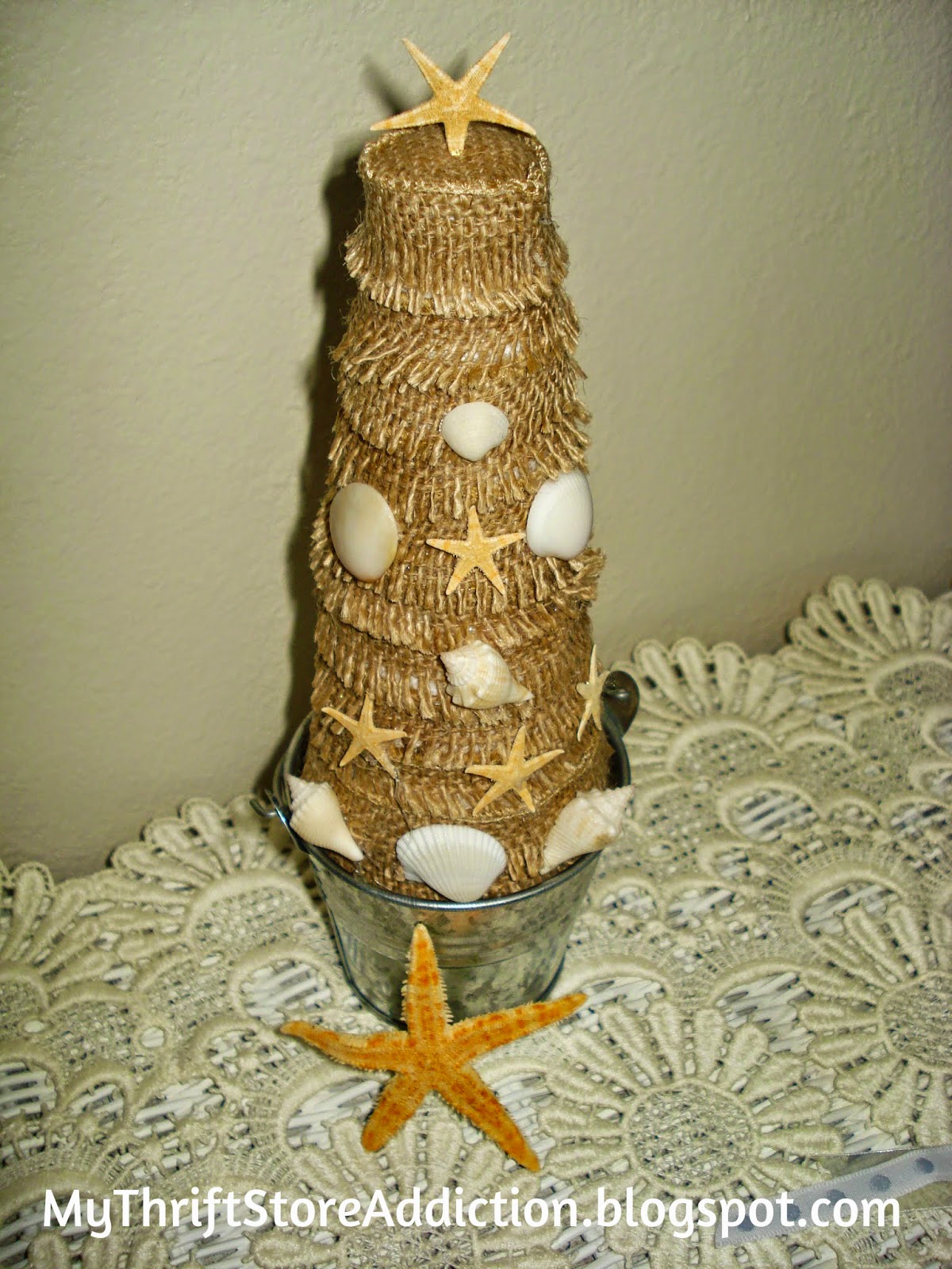 Coastal burlap shell tree