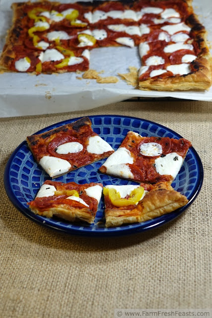 Pickled Pepper and Pepperoni Puff Pastry Pinwheel Pizzas http://www.farmfreshfeasts.com/2014/01/pickled-pepper-and-pepperoni-puff.html A recipe for pepperoni pizza flavor inexpertly rolled into individual pinwheel pizzas, this makes an easy to eat appetizer.