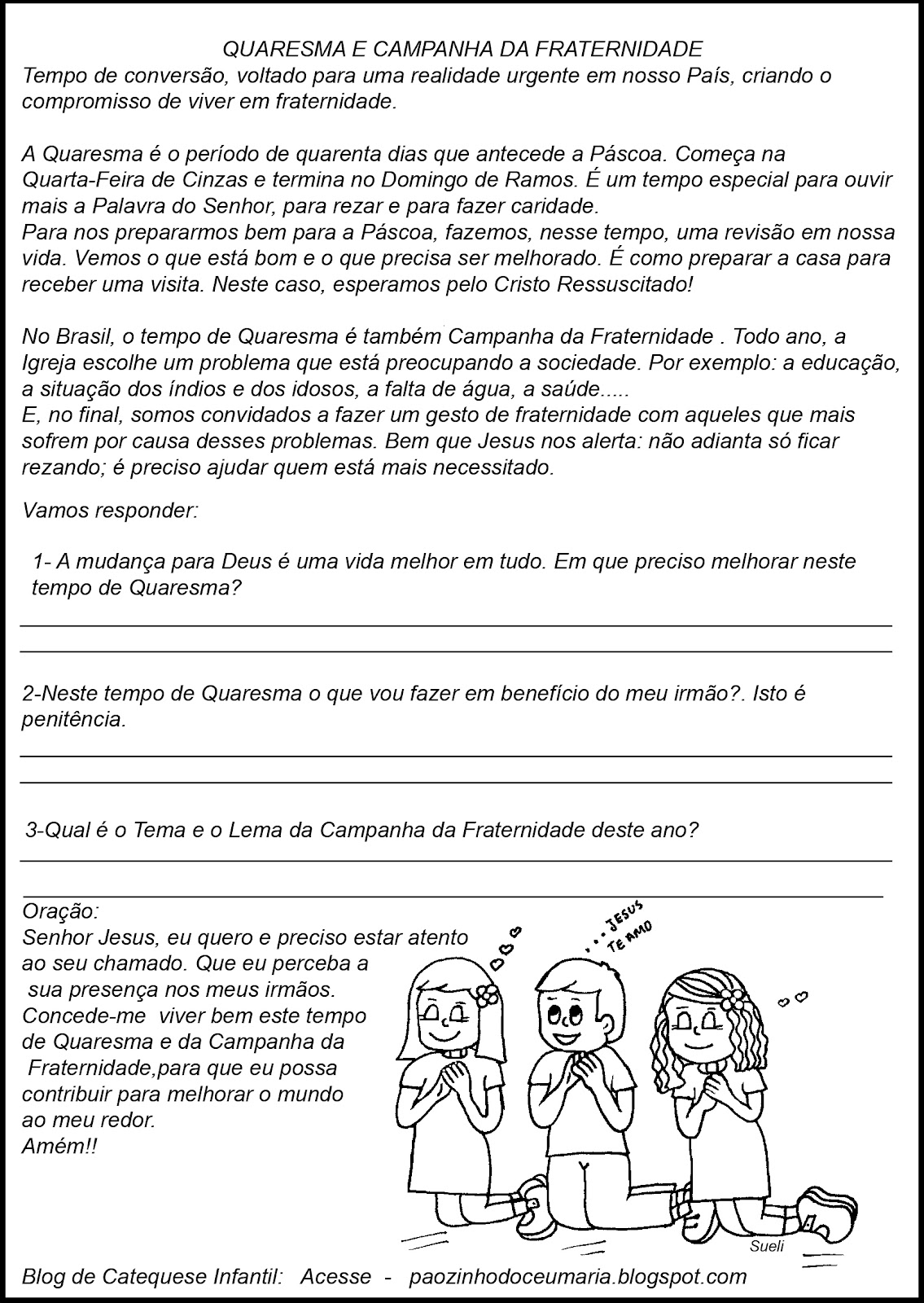 Pãozinho do Céu: Quaresma e Campanha da Fraternidade - Atividades Catequese