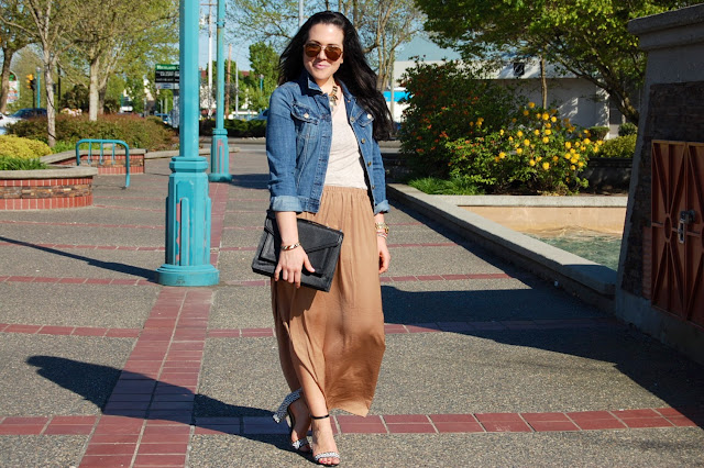 Zara maxi skirt, J.Crew denim jacket, linen tank top, aviator sunglasses and Loeffler Randall Rider bag