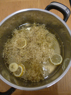 Picture of a pan a day later with the ingredients for elderflower cordial