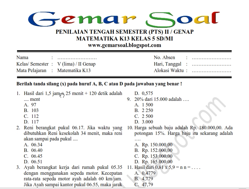 Soal Uts Matematika Kls 5 K13 Semester 2 Juragan Les