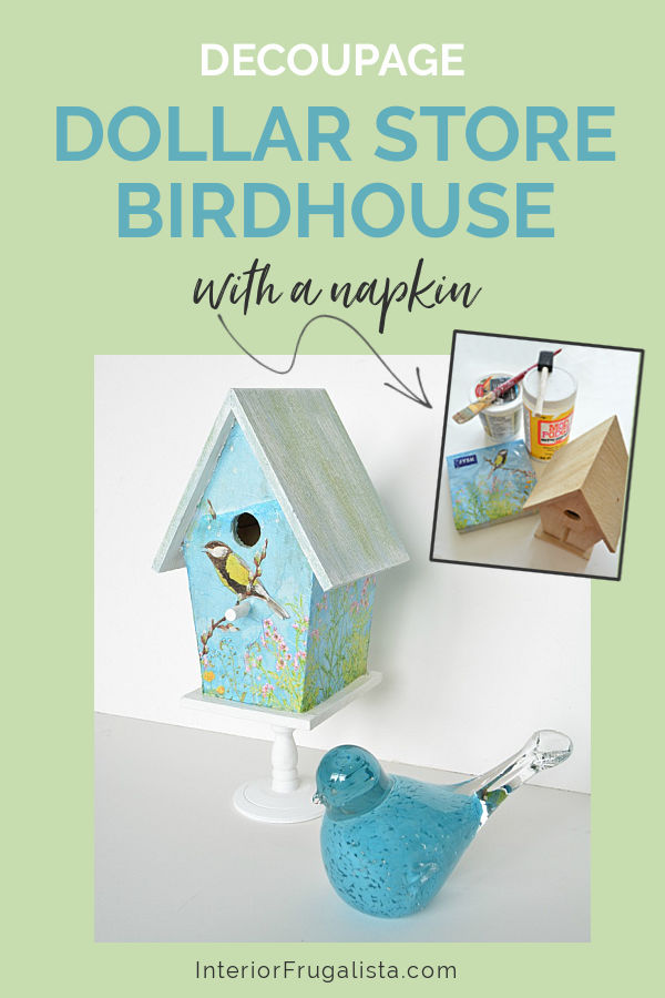 How to decoupage dollar store birdhouses with paper napkins and repurpose mini chalkboard signs for the pedestal base. Budget spring/summer decor idea. #birdhouseideas #dollarstorecrafts #decoupageideas #birdhousecraft