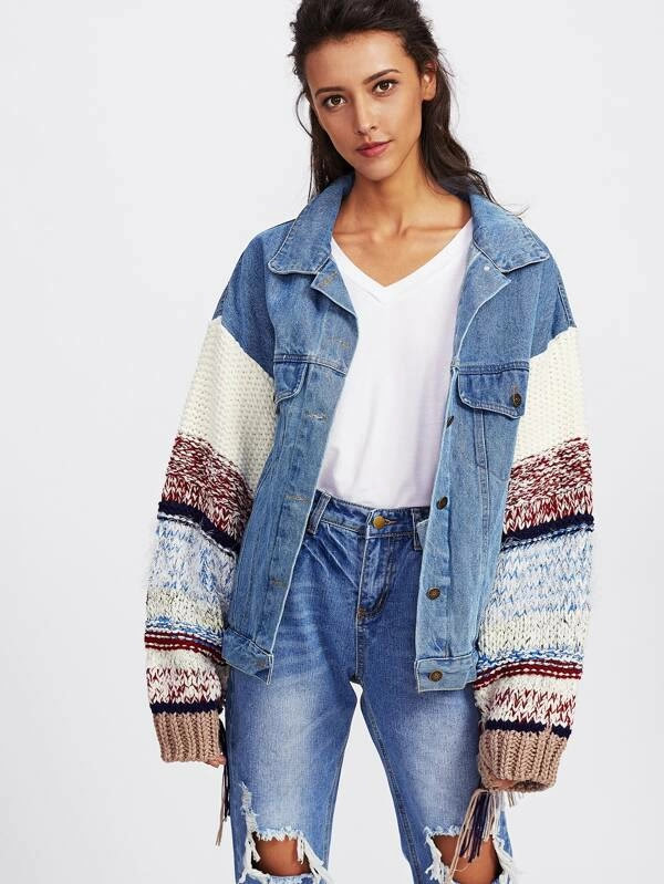 POL Denim Jacket With Sweater Fringe Sleeve | Freckled Poppy Boutique