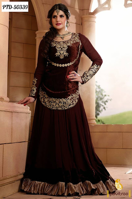 Buy Wedding and New Year Zarin Khan brown santoon floor length designer anarkali salwar suit 2015 2016 online shopping at pavitraa.in