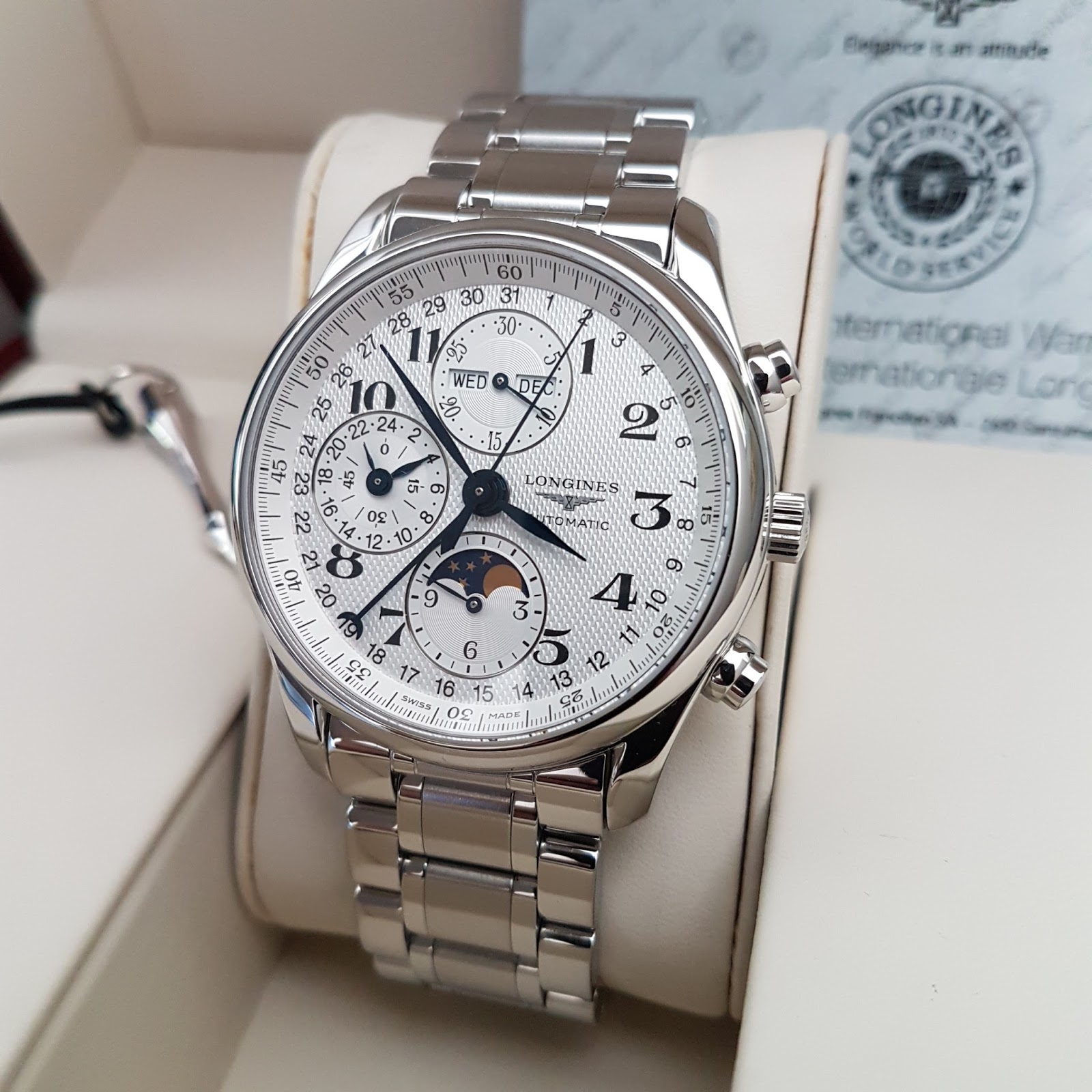 Jual Beli Tukar Tambah Service Jam Tangan Mewah Arloji Original Buy Sell Trade In Service Sold Longines Master Collection Ref L26734786 Silver Barleycorn Dial With Moon Phase Display Automatic Chronograph Stainless Steel Case