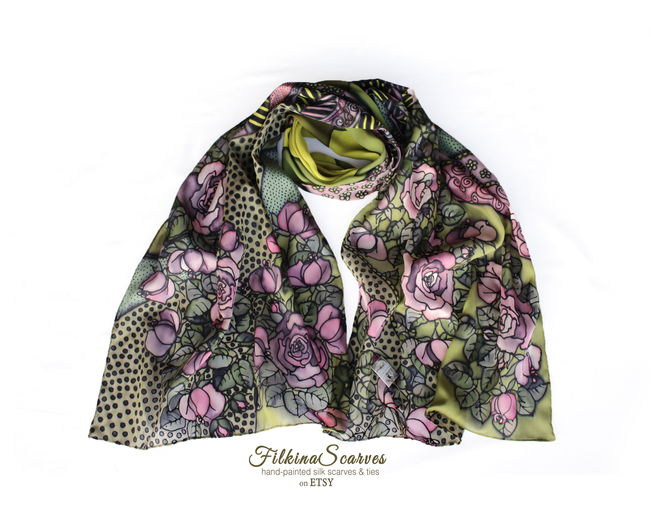 Chartreuse silk scarf with Roses HAND-PAINTED green chiffon shawl. Birthday gift for her. Mom from daughter unique gifts