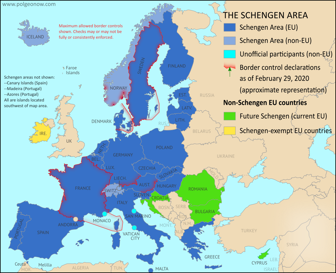 Schengen borders map showing temporary reintroduction of border controls in the Schengen Area (the European Union's border-free travel zone) as of February 2020, showing internal Schengen borders closed to passport-free travel just before the surge of new border controls enacted for the coronavirus outbreak. Map is also accurate for most of the period from from late 2019 through early 2020, and similar to the situation in 2018.