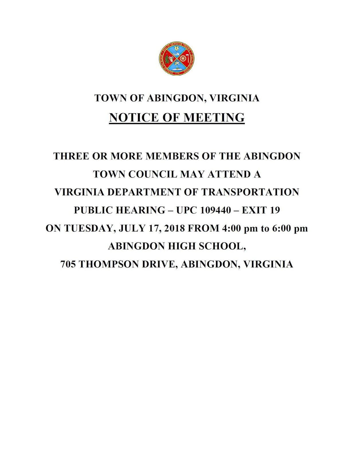 Town of Abingdon, Virginia : VDOT Public Hearing Meeting Notice