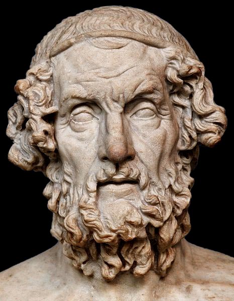 marble statue of an old bearded man with a headband; the blank eyes give the impression he is blind