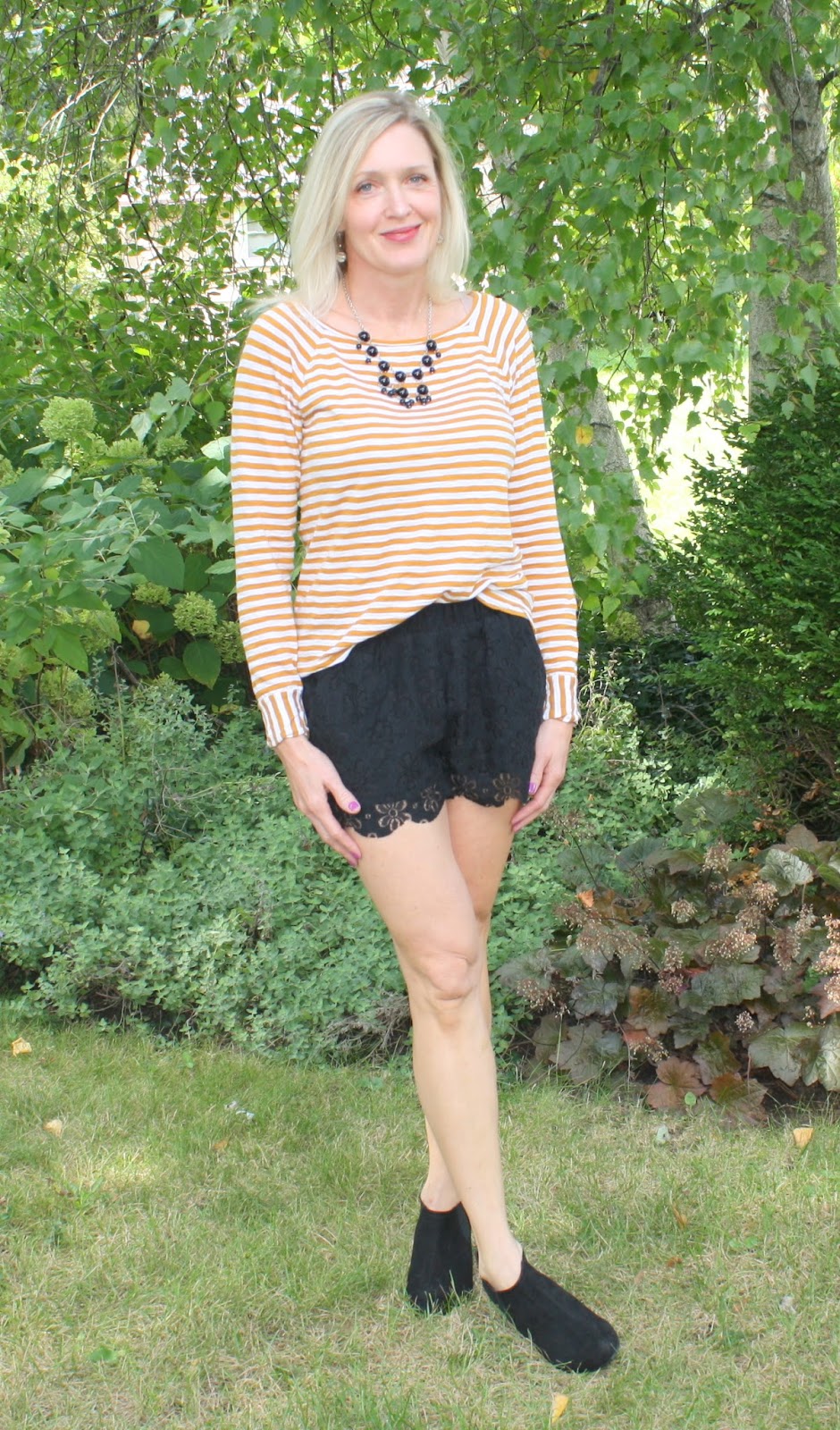 Amber Striped Top, Black Lace Shorts, Booties