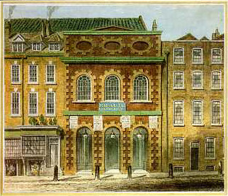 King's (previously Queen's) Theatre, Haymarket, the 18th-century predecessor of the present theatre; watercolour by William Capon (V&A)