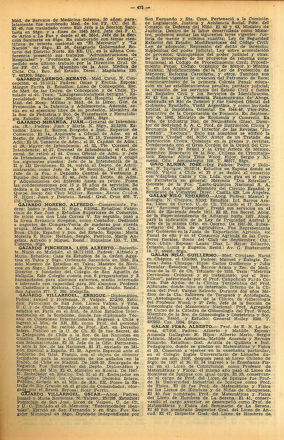 Diccionario Biográfico de Chile 9a Edición 1953 475 GAJARDO GALAN