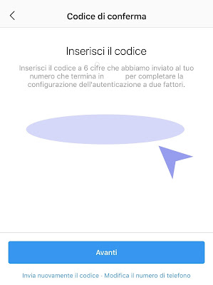 Codice di conferma per l'attivazione dell'Autenticazione a due Fattori di Instagram per iOS