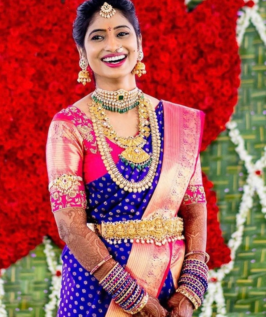 Bride in Flat Diamond Kasu Mala Choker - Jewellery Designs