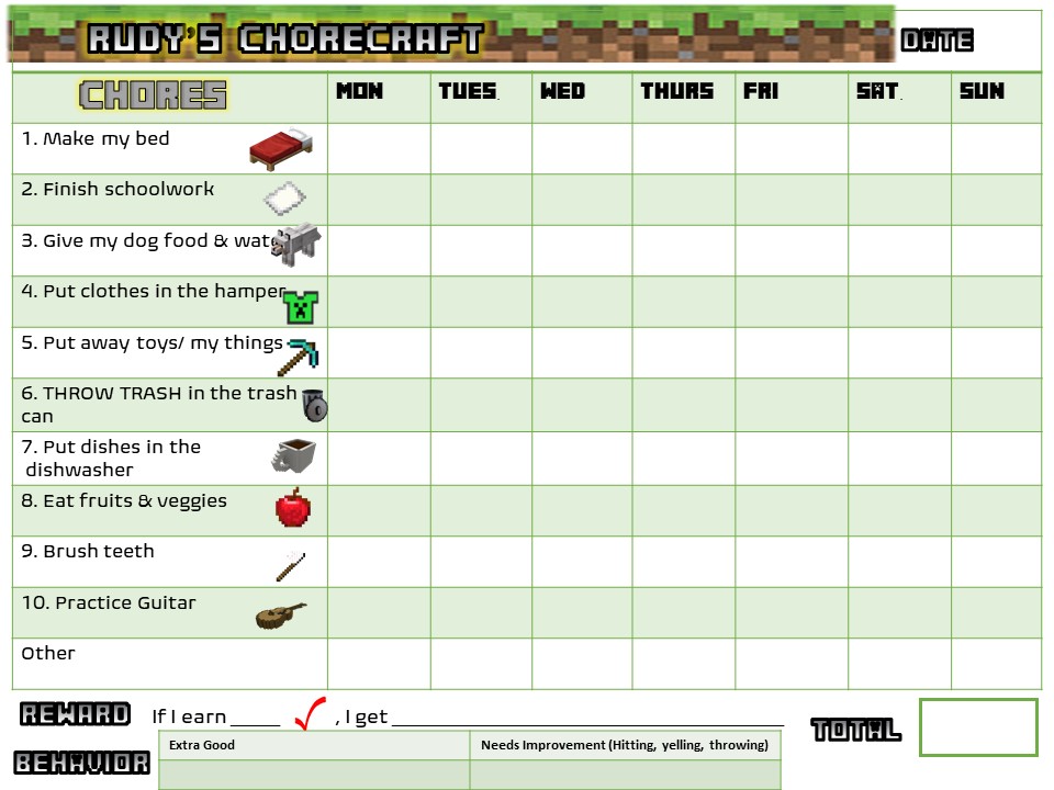 Artrageous Art Adventures MINECRAFT CHORE CHART