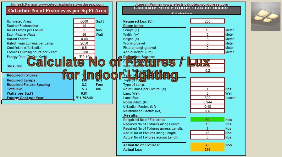 Engineeringxls Calculate No of Fixtures / Lux for Indoor Lighting