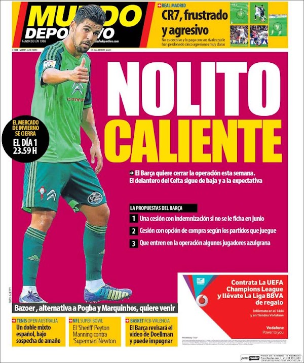 FC Barcelona, Mundo Deportivo: "Nolito caliente"