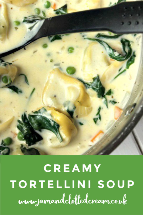 A filling and hearty Creamy Tortellini Soup with spinach and peas #tortellinisoup #soup #comfortfood