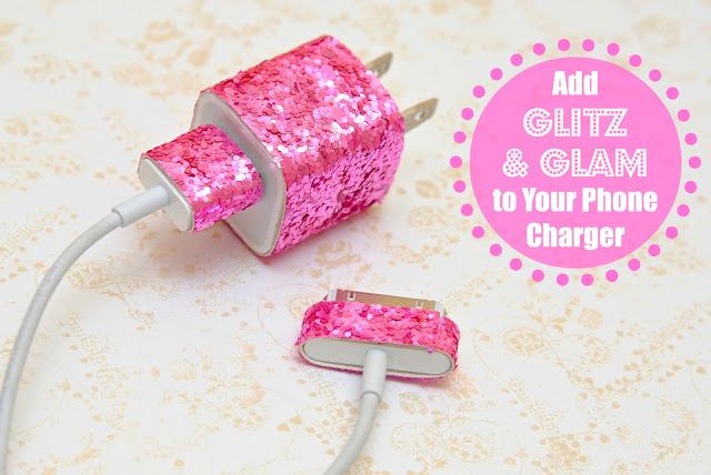 glitter your cell phone charger with glitter ribbon