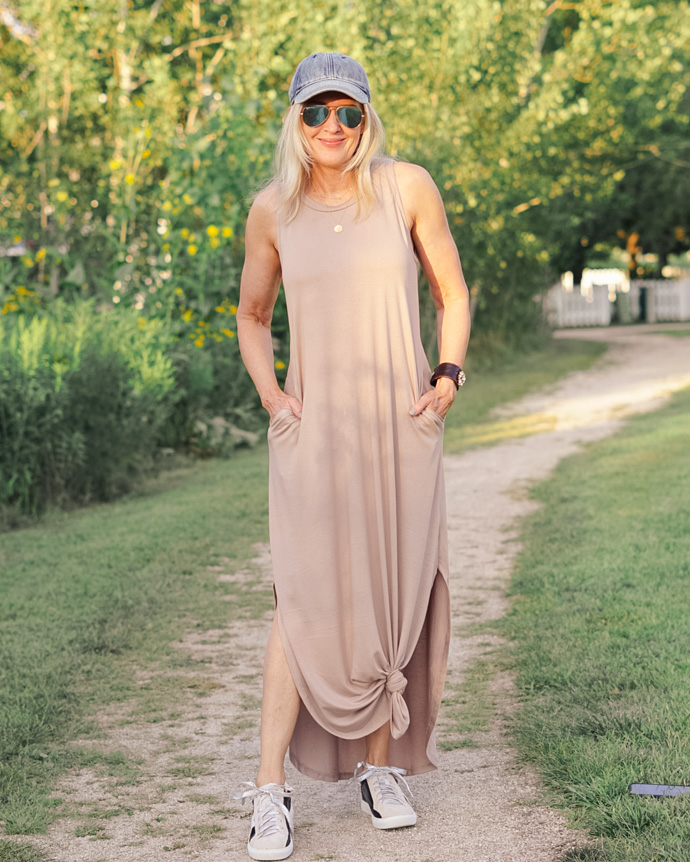 neutral maxi dress + sneakers outfit