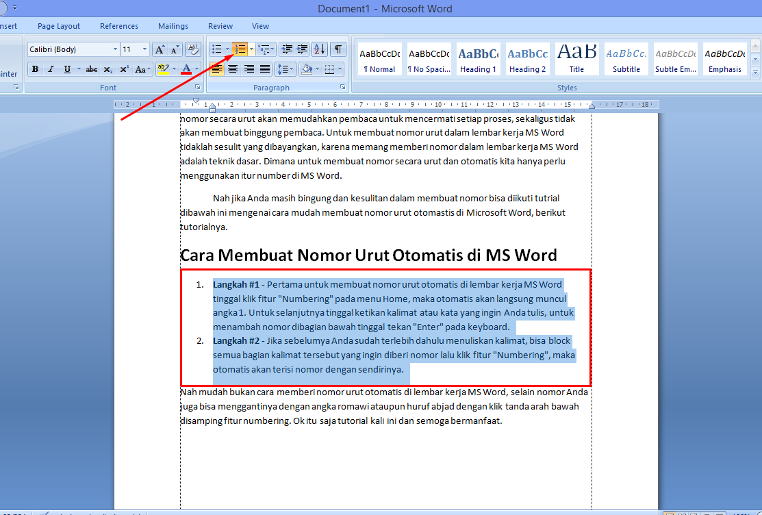 Cara Membuat Nomor Urut Otomatis (Numbering) di MS Word