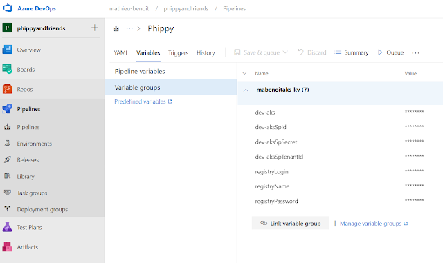 Screenshot of the Variable Groups tab in the Phippy&rsquo;s build definition in Azure Pipelines.