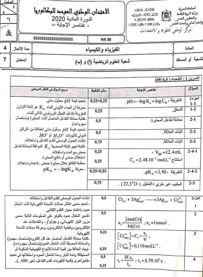 تصحيح مادة الفيزياء و الكيمياء مسلك العلوم الرياضية دورة يوليوز2020