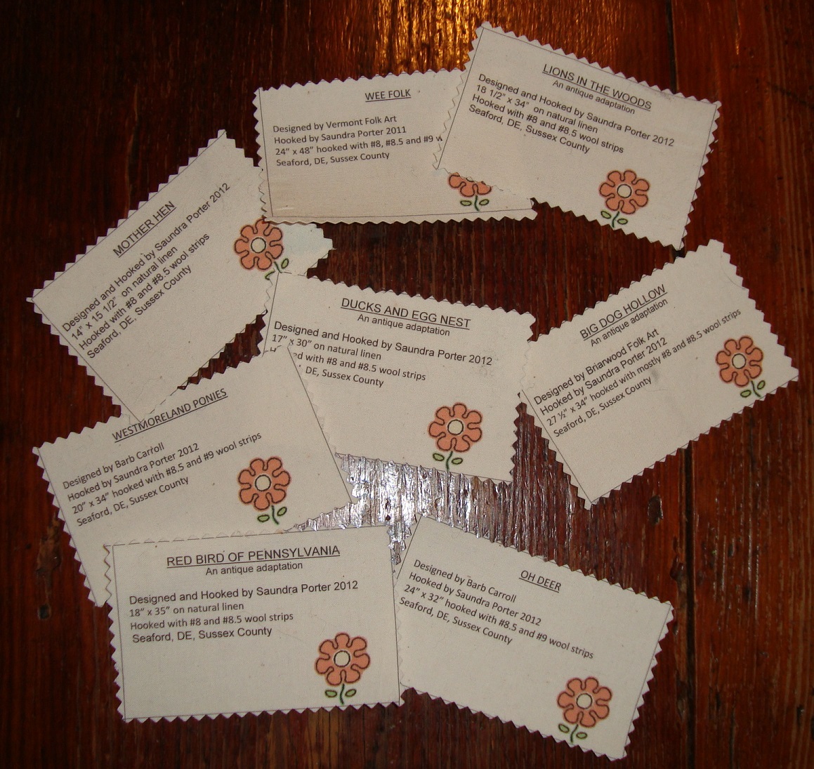 Saundra of Woodland Junction Making a Rug Label